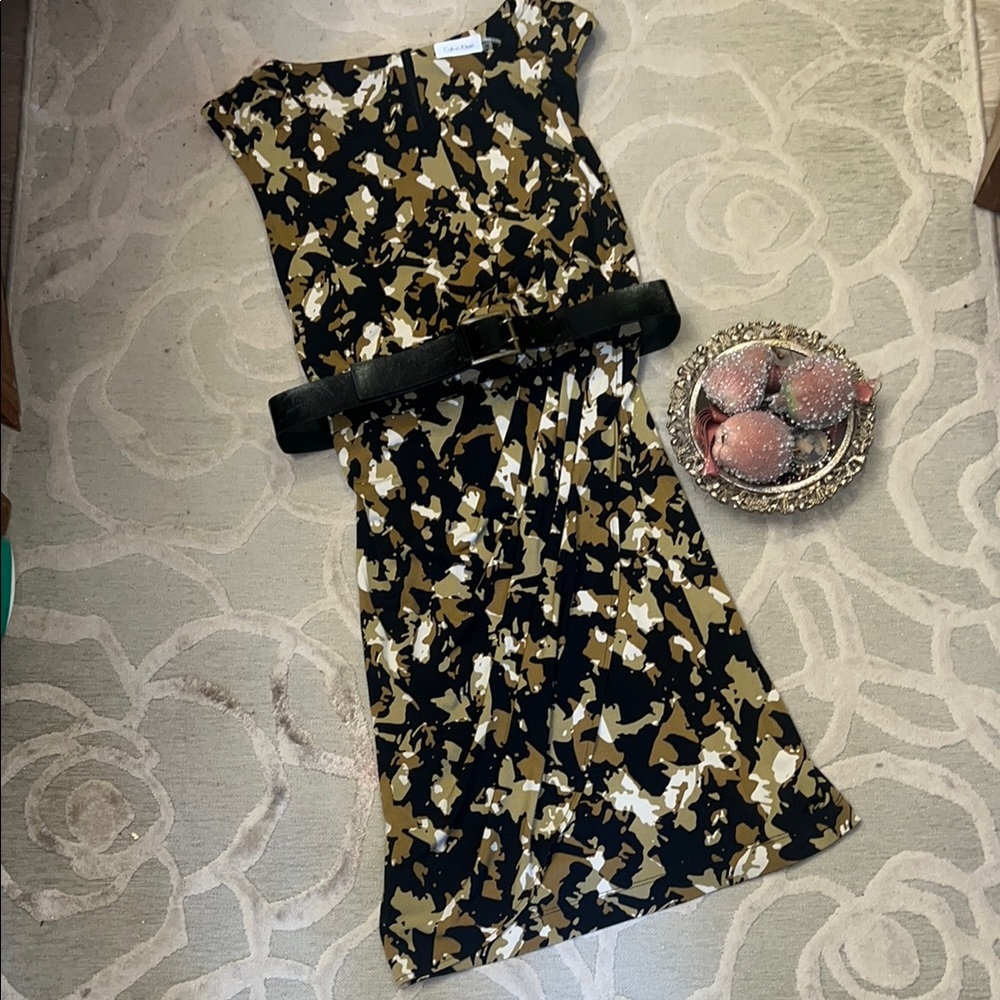 NWT🌷CALVIN KLEIN🌷Black gold tan pattern sleeveless belted dress